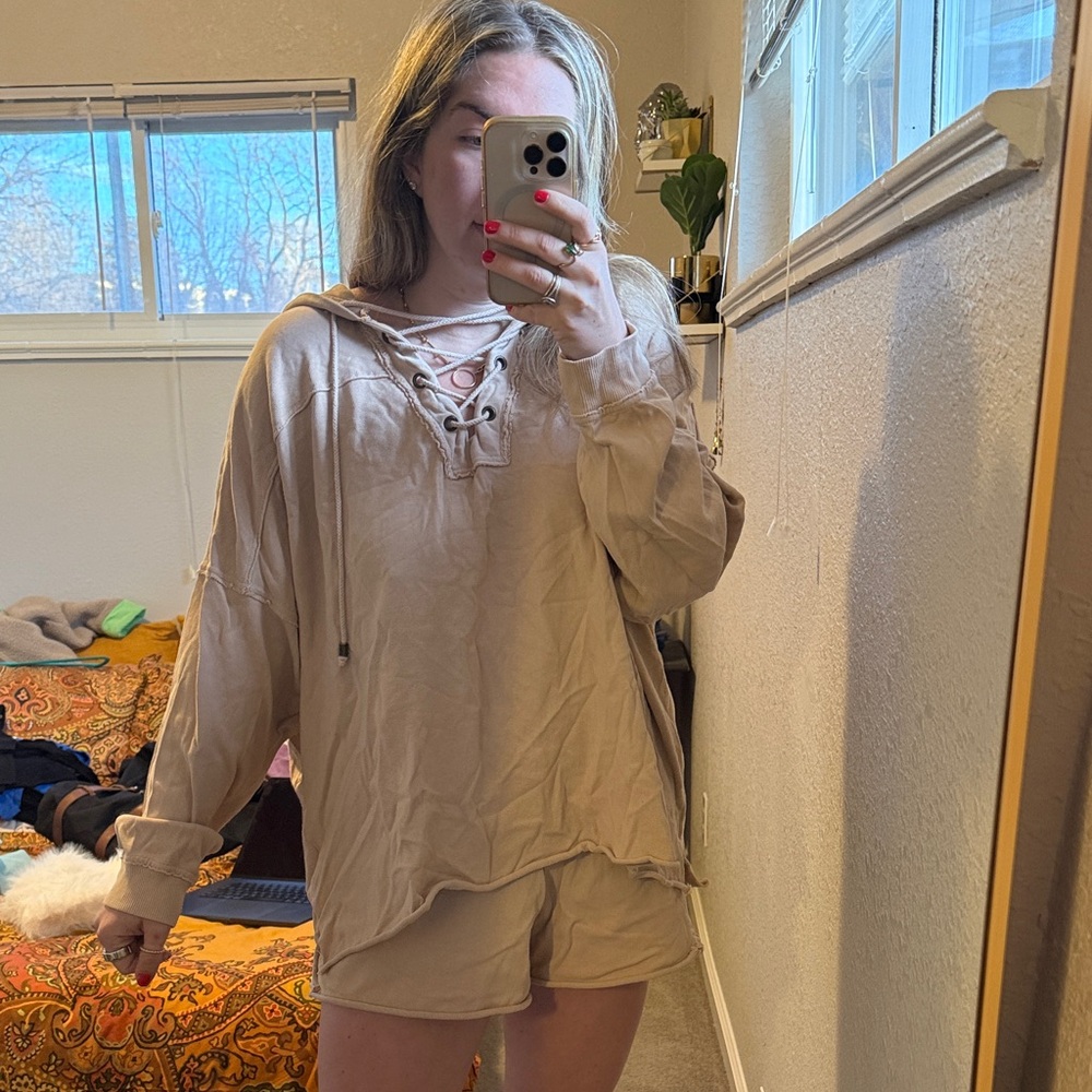 aerie Beige Lace-Up Hoodie and Shorts Set